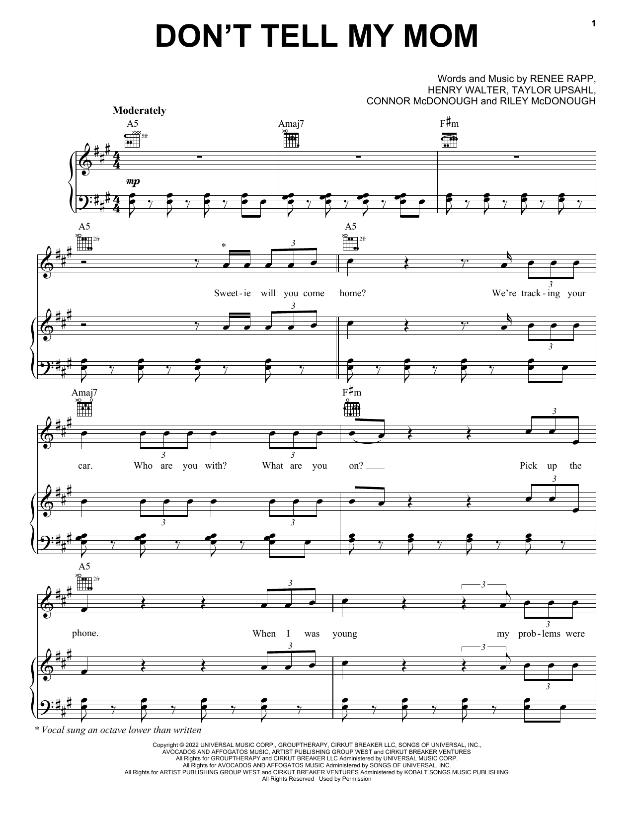 Reneé Rapp Don't Tell My Mom Sheet Music Notes & Chords for Piano, Vocal & Guitar Chords (Right-Hand Melody) - Download or Print PDF