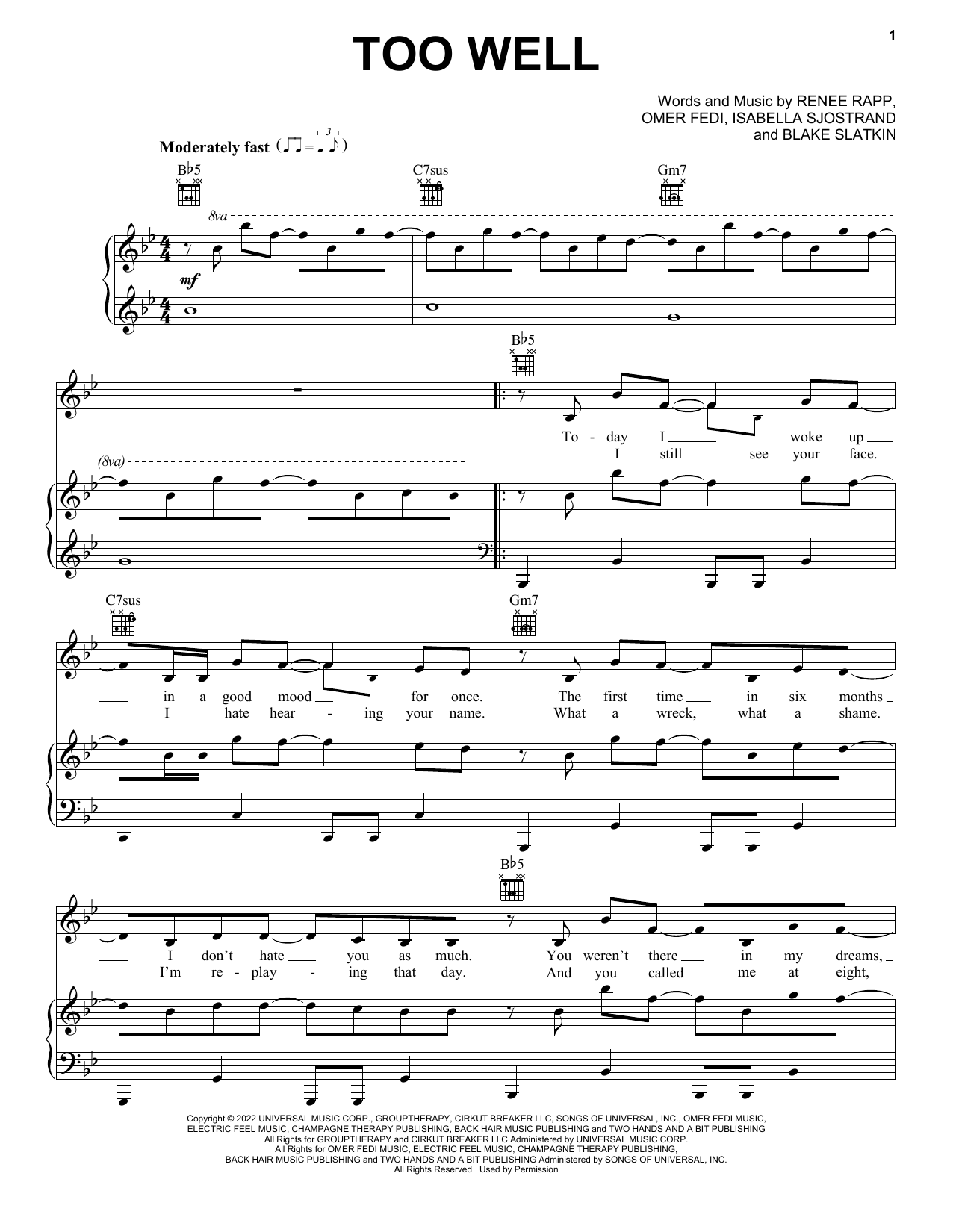 Reneé Rapp Too Well Sheet Music Notes & Chords for Piano, Vocal & Guitar Chords (Right-Hand Melody) - Download or Print PDF