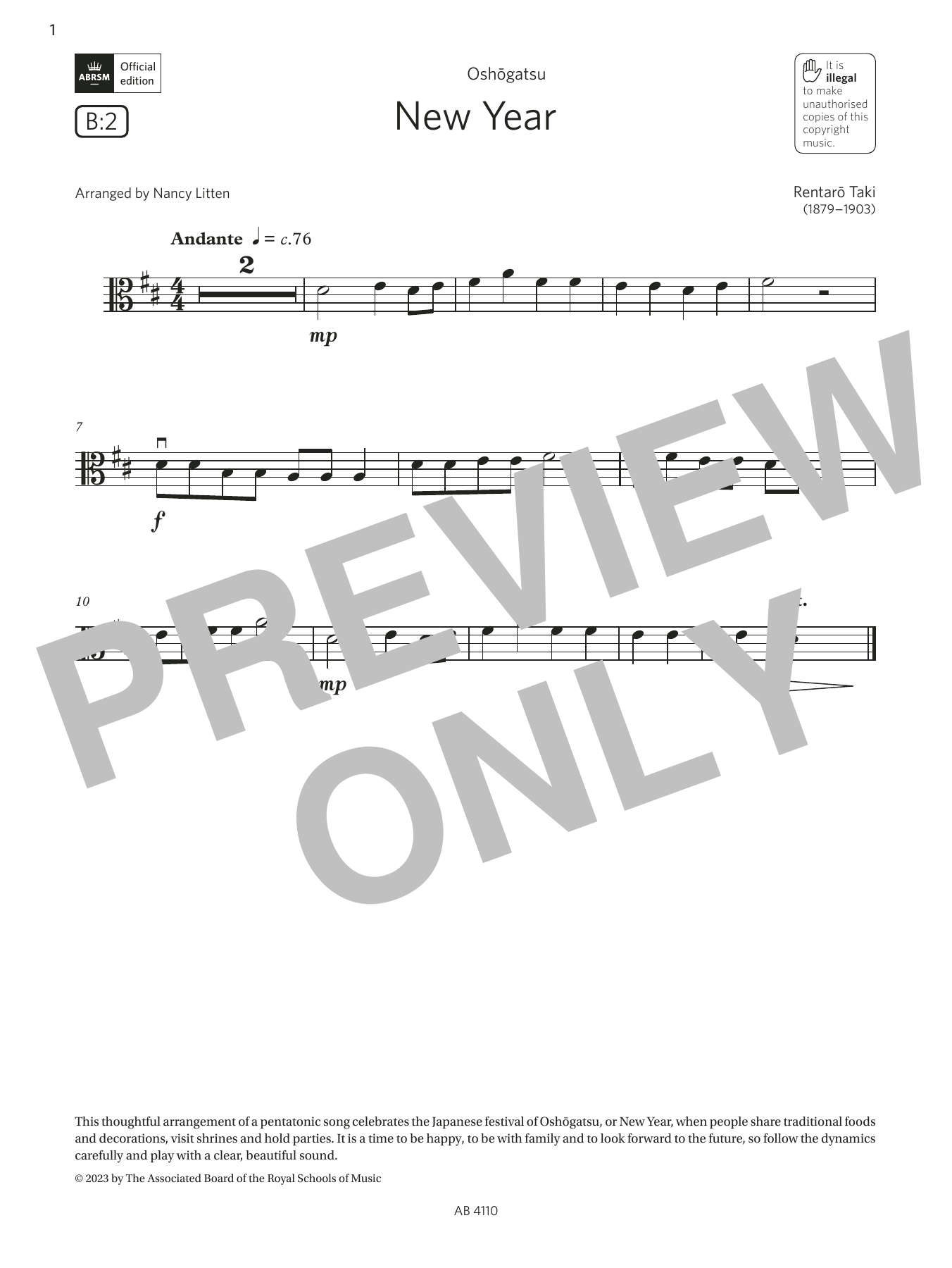 Rentaro Taki New Year (Grade Initial, B2, from the ABRSM Viola Syllabus from 2024) Sheet Music Notes & Chords for Viola Solo - Download or Print PDF