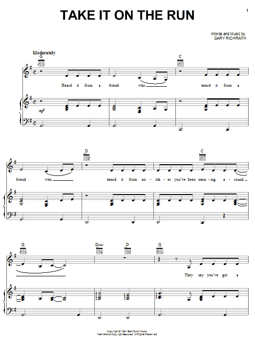 REO Speedwagon Take It On The Run Sheet Music Notes & Chords for Piano, Vocal & Guitar (Right-Hand Melody) - Download or Print PDF