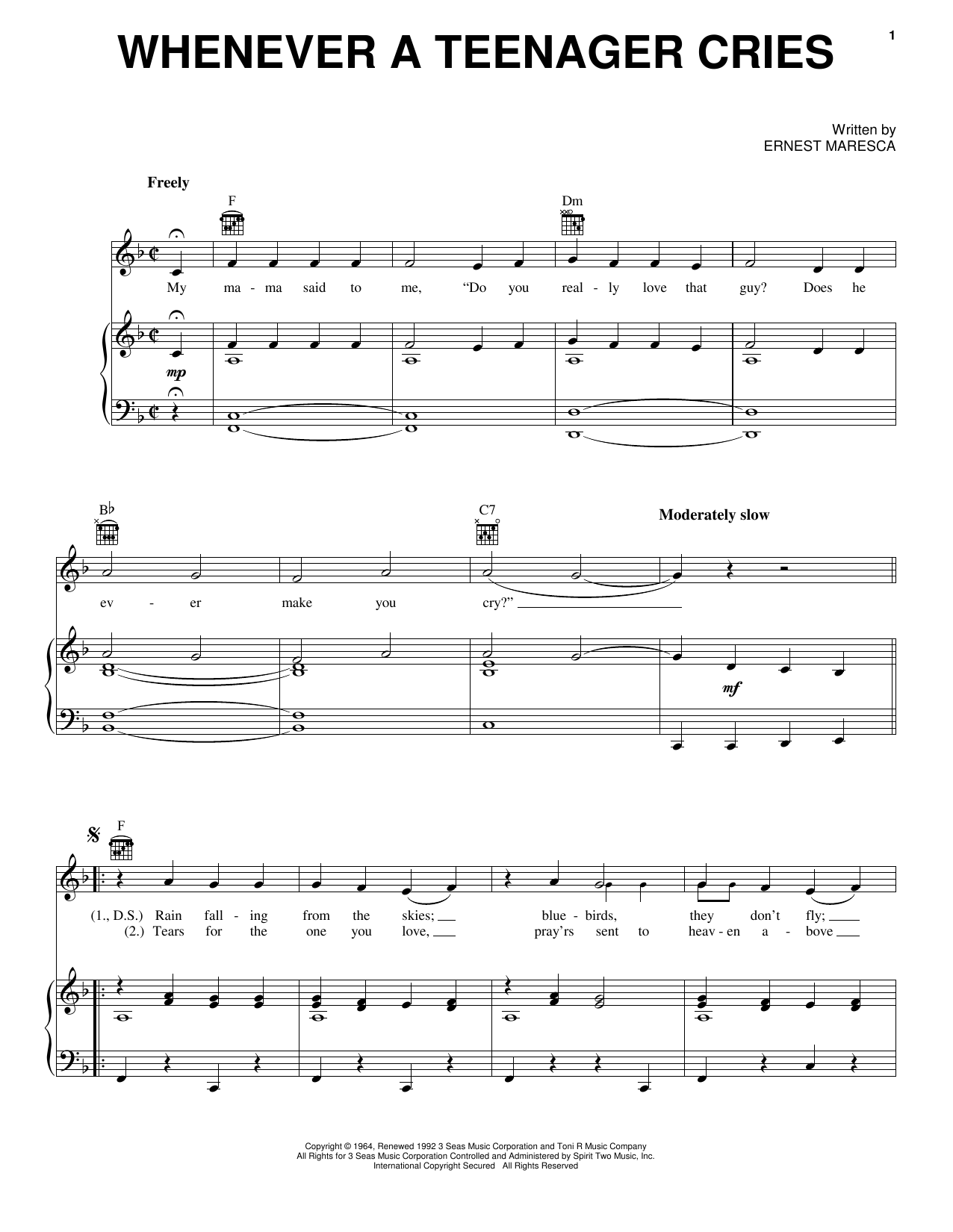 Reparata & The Delrons Whenever A Teenager Cries Sheet Music Notes & Chords for Piano, Vocal & Guitar (Right-Hand Melody) - Download or Print PDF