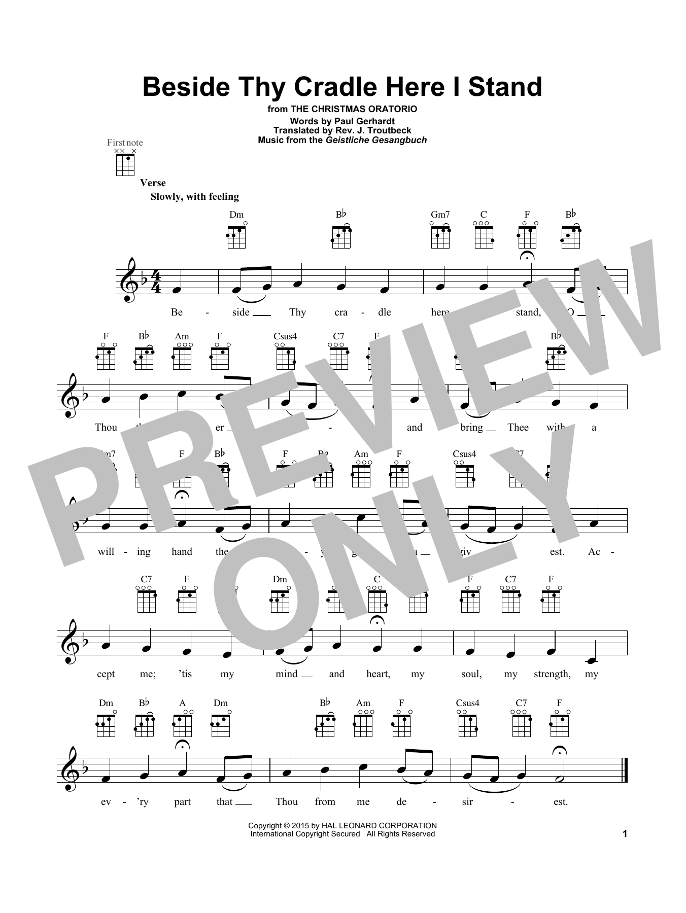 Rev. J. Troutbeck (trans.) Beside Thy Cradle Here I Stand Sheet Music Notes & Chords for Ukulele - Download or Print PDF