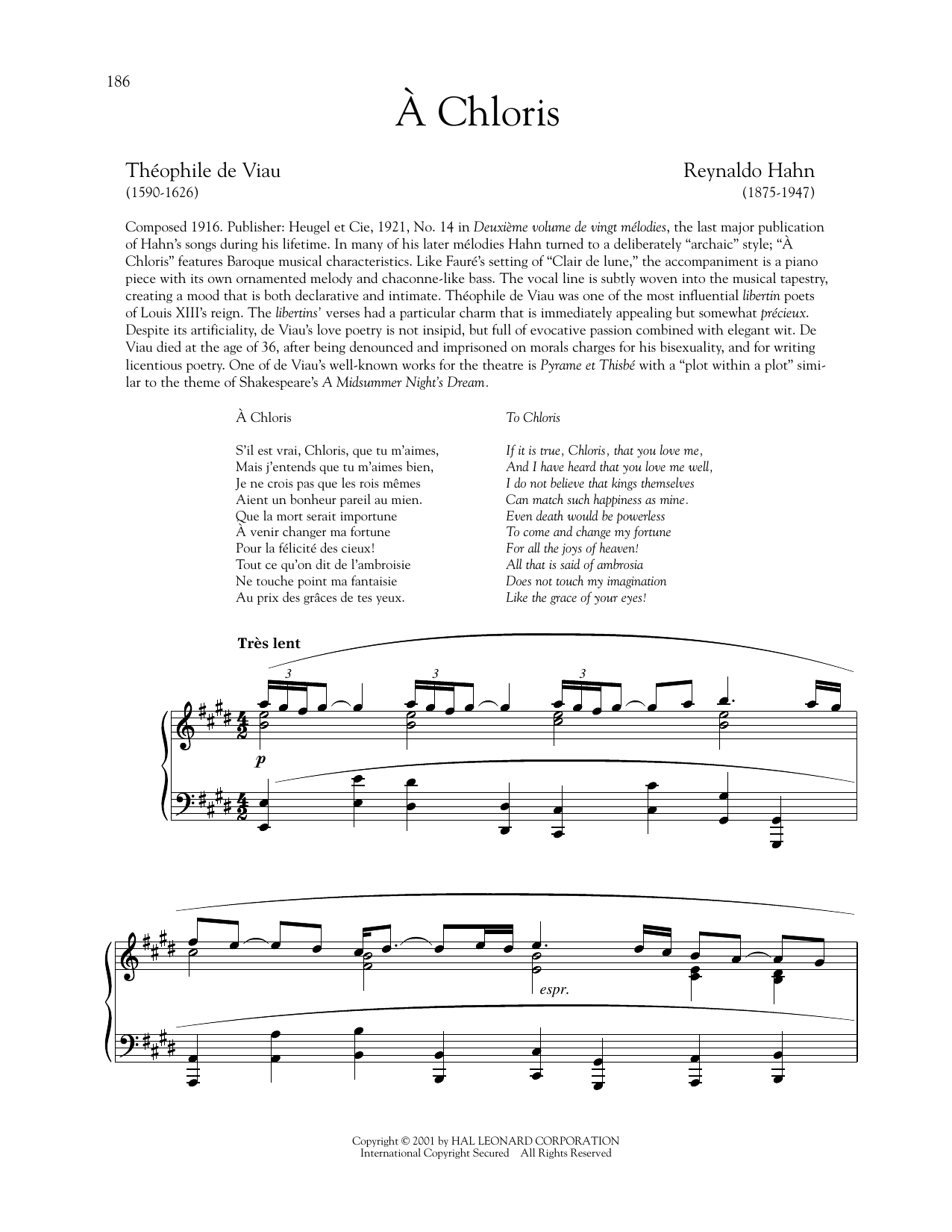 Reynaldo Hahn A Chloris Sheet Music Notes & Chords for Piano & Vocal - Download or Print PDF