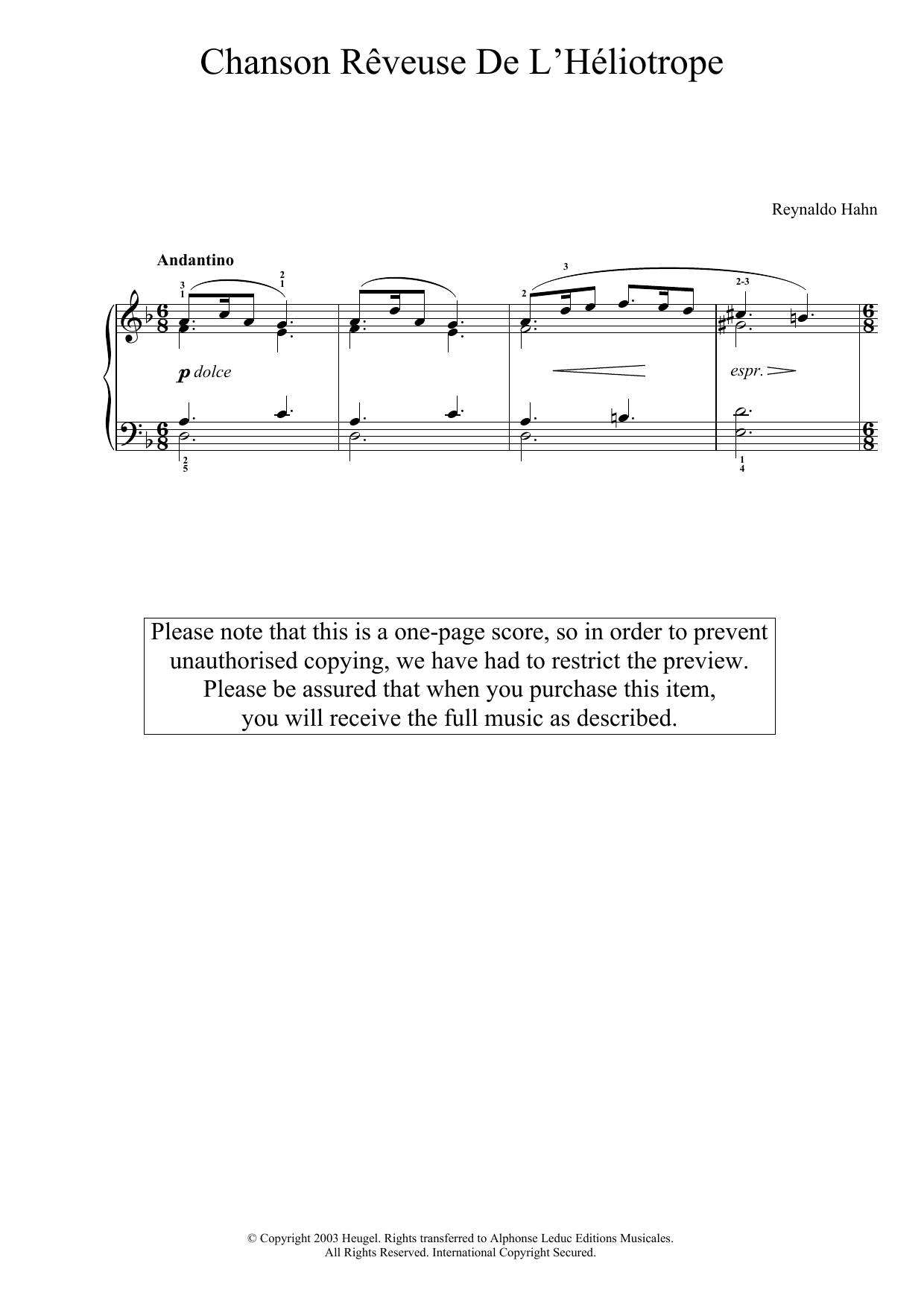 Reynaldo Hahn Chanson Reveuse De L'Heliotrope (No. XI From 'Pieces D'Amour') Sheet Music Notes & Chords for Piano - Download or Print PDF