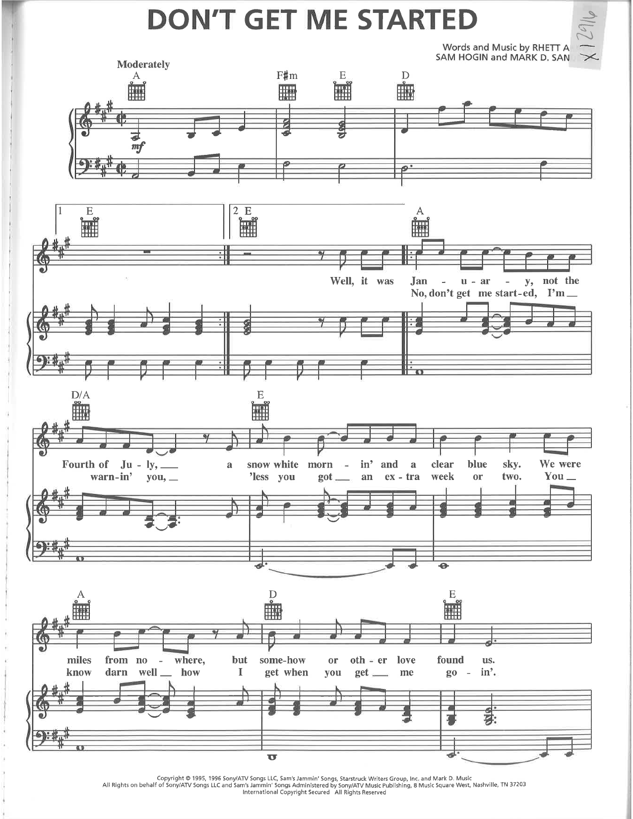 Rhett Akins Don't Get Me Started Sheet Music Notes & Chords for Piano, Vocal & Guitar Chords (Right-Hand Melody) - Download or Print PDF