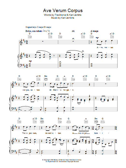 Rhydian Ave Verum Corpus Sheet Music Notes & Chords for Piano, Vocal & Guitar (Right-Hand Melody) - Download or Print PDF