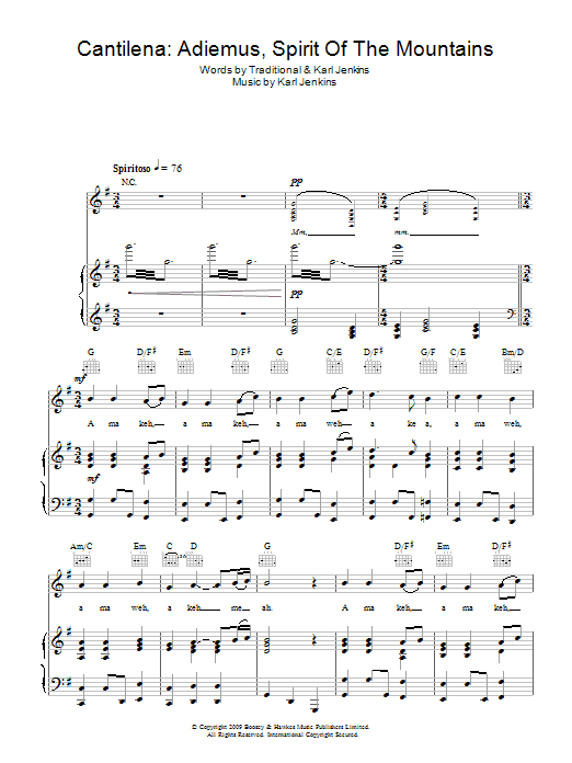 Rhydian Cantilena: Adiemus, Spirit Of The Mountains Sheet Music Notes & Chords for Piano, Vocal & Guitar (Right-Hand Melody) - Download or Print PDF