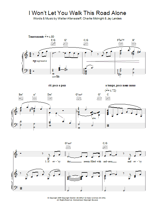 Rhydian I Won't Let You Walk This Road Alone Sheet Music Notes & Chords for Piano, Vocal & Guitar (Right-Hand Melody) - Download or Print PDF