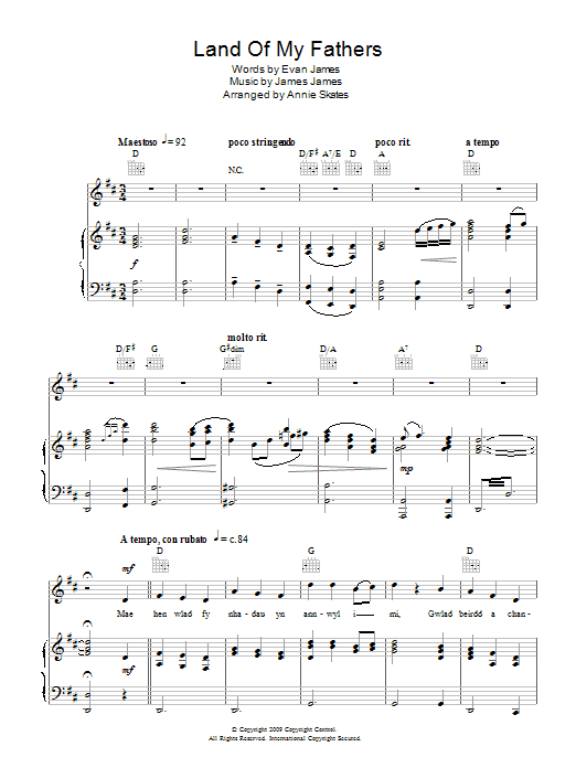 Rhydian Land Of My Fathers Sheet Music Notes & Chords for Piano, Vocal & Guitar (Right-Hand Melody) - Download or Print PDF
