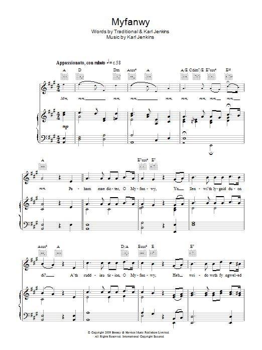 Rhydian Myfanwy Sheet Music Notes & Chords for Piano, Vocal & Guitar (Right-Hand Melody) - Download or Print PDF