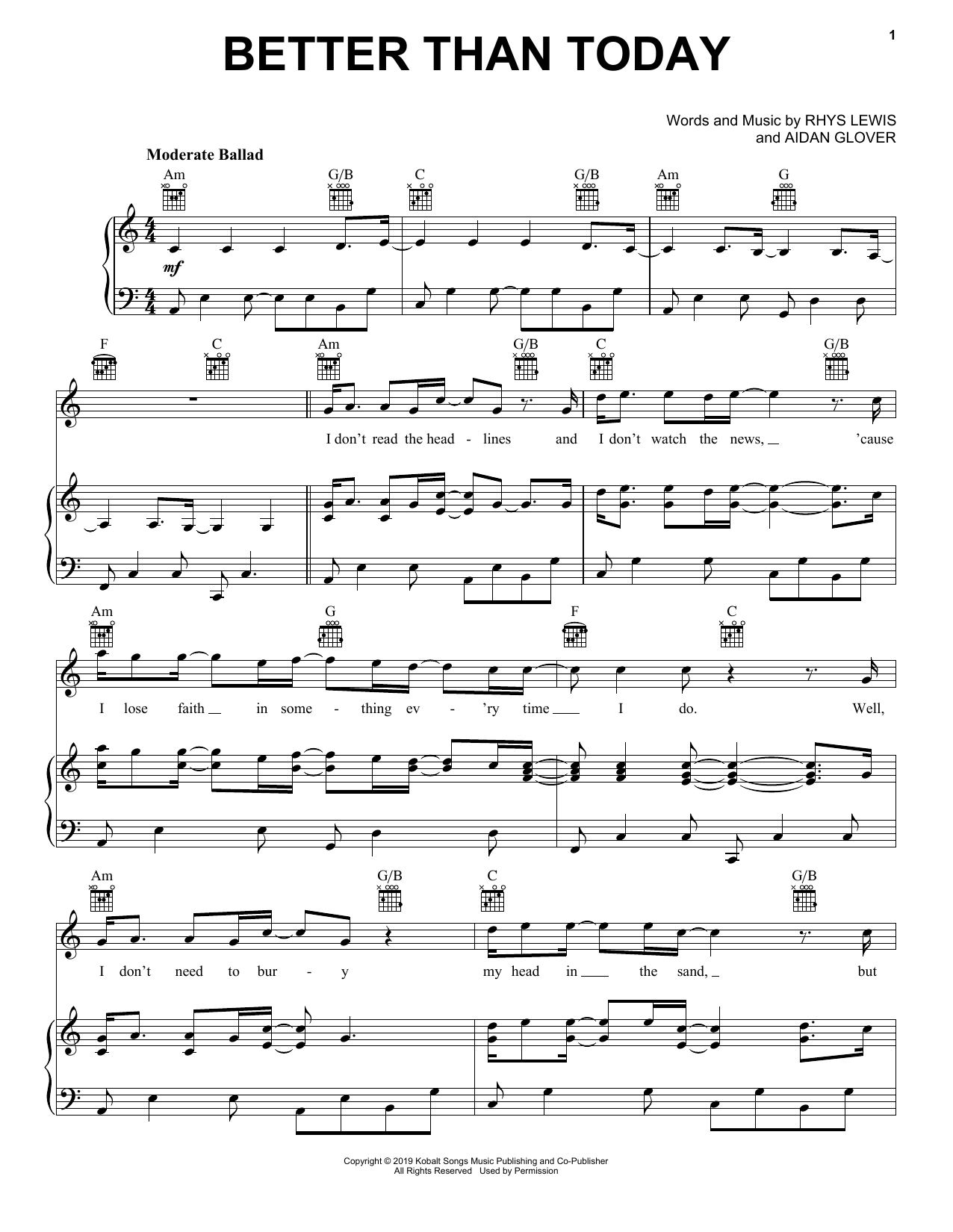 Rhys Lewis Better Than Today Sheet Music Notes & Chords for Piano, Vocal & Guitar (Right-Hand Melody) - Download or Print PDF