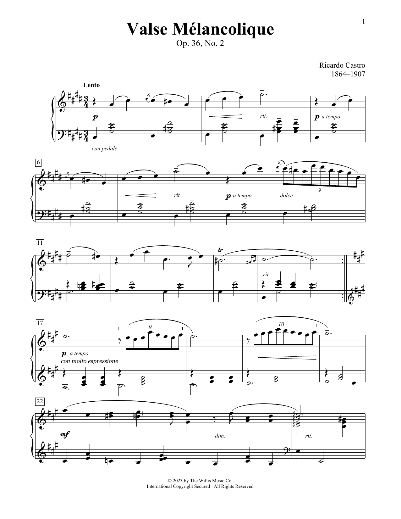 Ricardo Castro Valse Melancolique, Op. 36, No.2 Sheet Music Notes & Chords for Educational Piano - Download or Print PDF