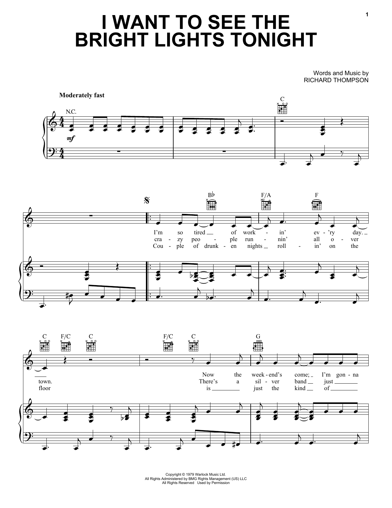 Richard & Linda Thompson I Want To See The Bright Lights Tonight Sheet Music Notes & Chords for Piano, Vocal & Guitar (Right-Hand Melody) - Download or Print PDF