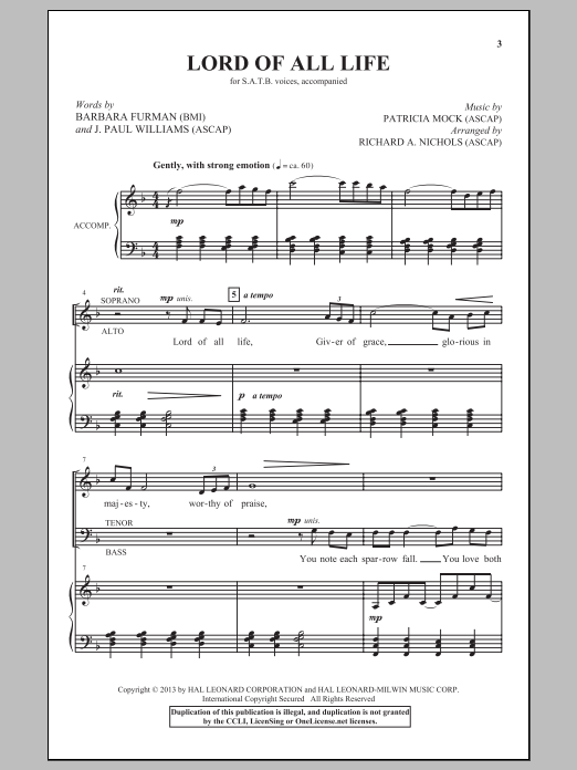 Richard A. Nichols Lord Of All Life Sheet Music Notes & Chords for SATB - Download or Print PDF