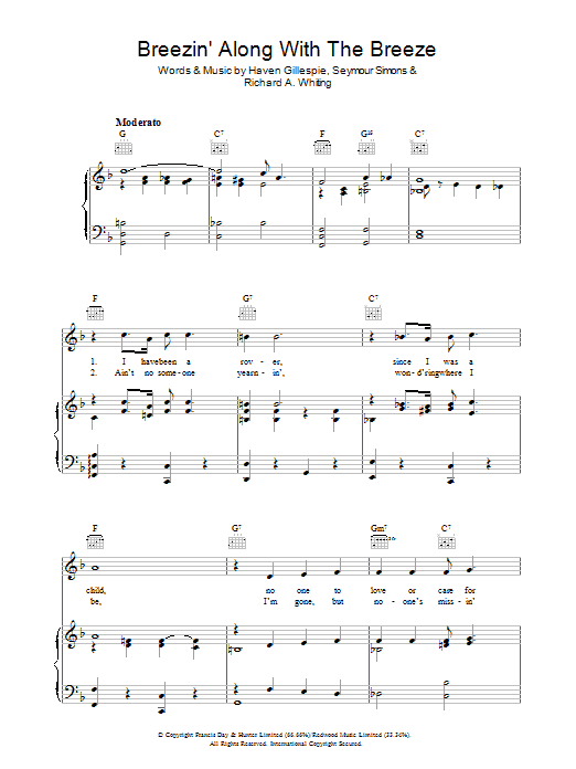 Haven Gillespie Breezin' Along With The Breeze Sheet Music Notes & Chords for Piano, Vocal & Guitar (Right-Hand Melody) - Download or Print PDF