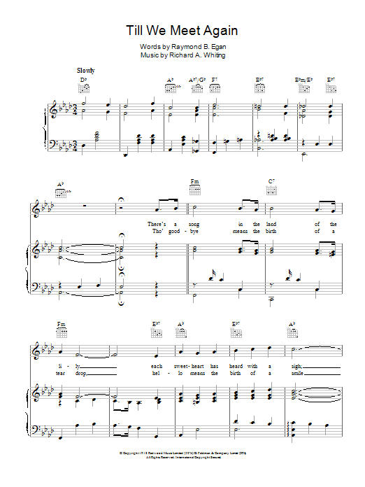 Richard A. Whiting Till We Meet Again Sheet Music Notes & Chords for Piano, Vocal & Guitar (Right-Hand Melody) - Download or Print PDF