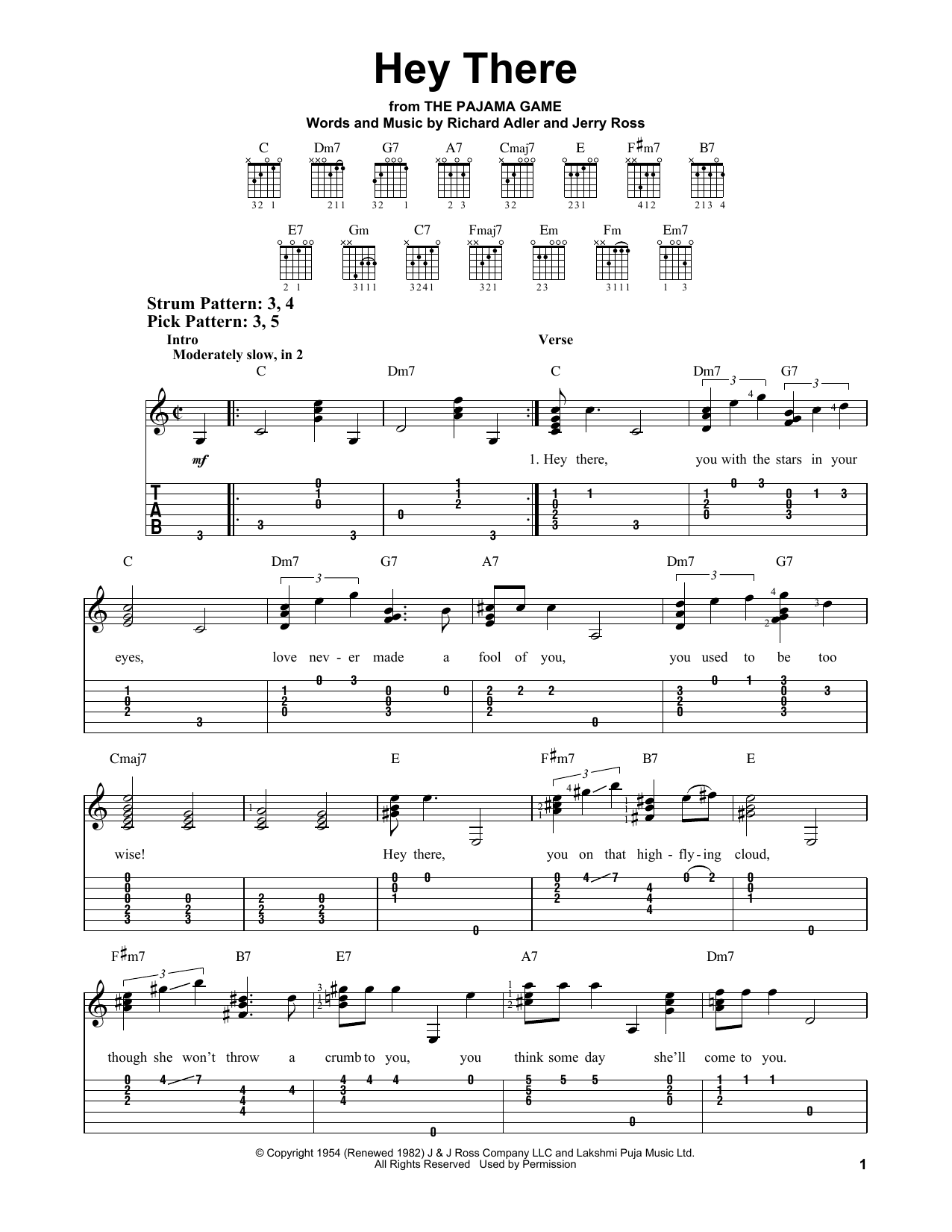Richard Adler & Jerry Ross Hey There (from The Pajama Game) Sheet Music Notes & Chords for Easy Guitar Tab - Download or Print PDF