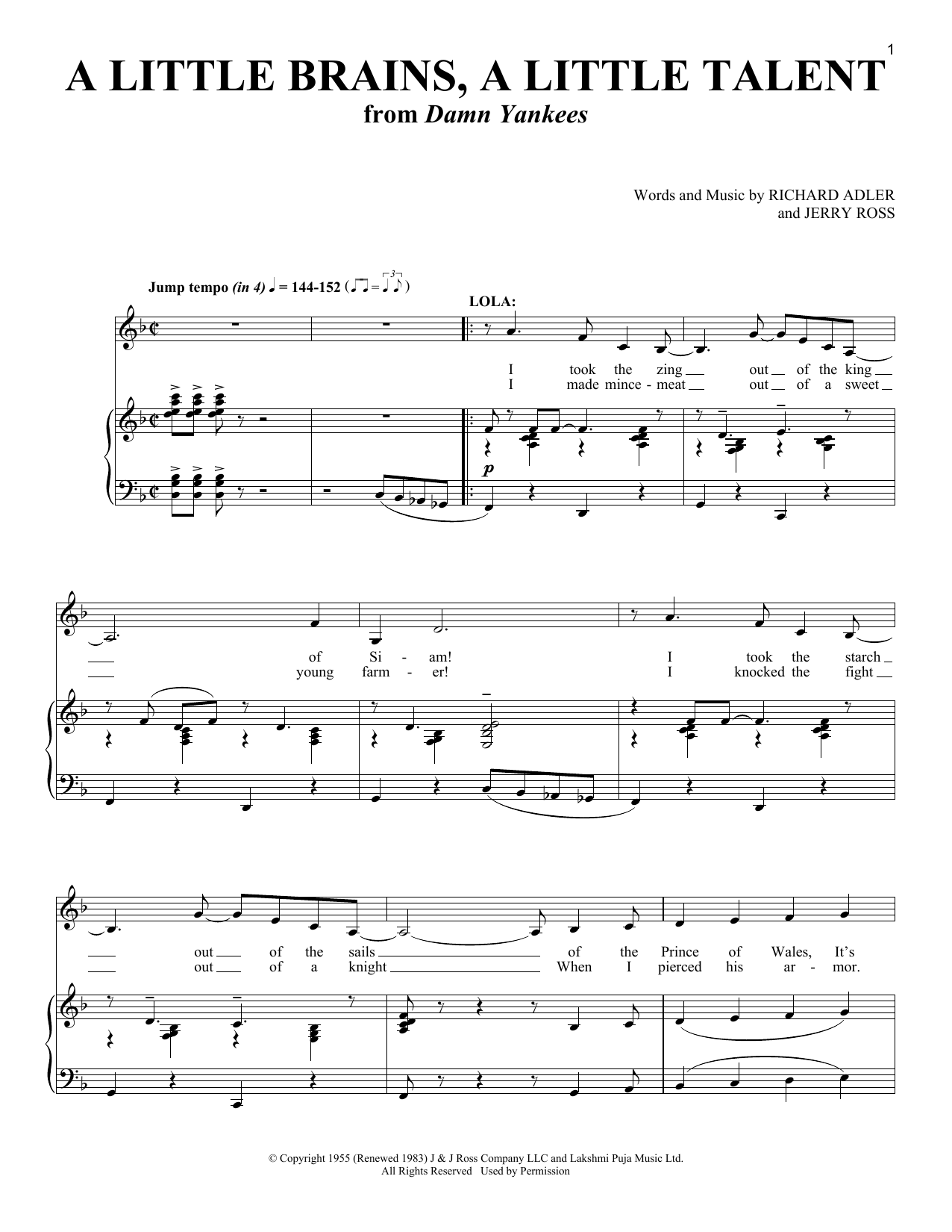 Richard Adler and Jerry Ross A Little Brains, A Little Talent (from Damn Yankees) Sheet Music Notes & Chords for Piano & Vocal - Download or Print PDF