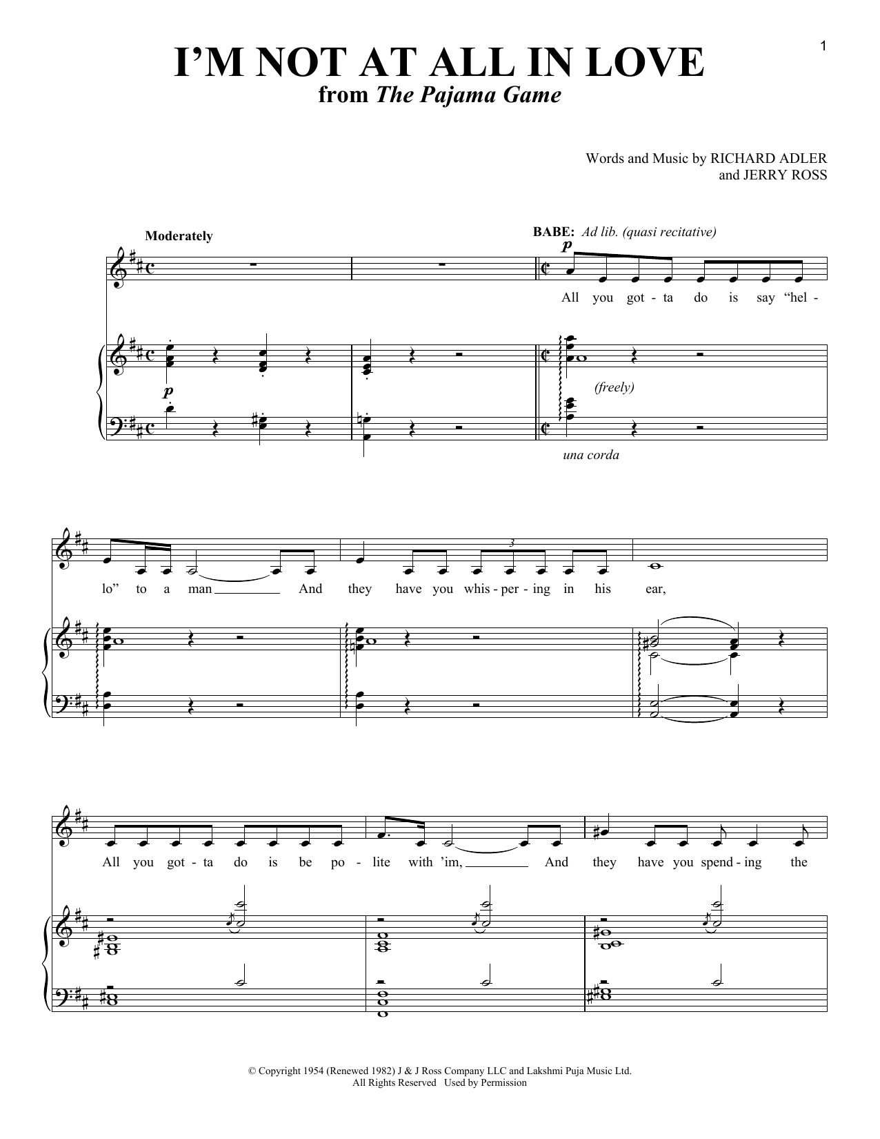 Richard Adler and Jerry Ross I'm Not At All In Love (from The Pajama Game) Sheet Music Notes & Chords for Piano & Vocal - Download or Print PDF