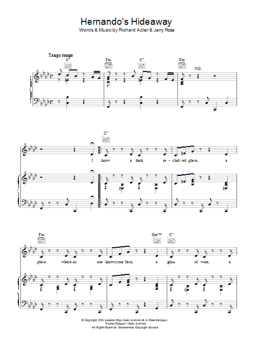 Richard Adler Hernando's Hideaway Sheet Music Notes & Chords for Piano, Vocal & Guitar (Right-Hand Melody) - Download or Print PDF