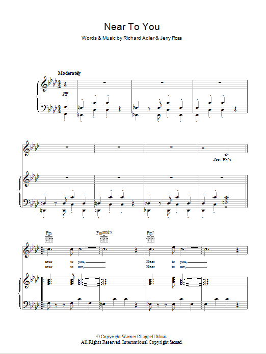 Richard Adler Near To You Sheet Music Notes & Chords for Piano, Vocal & Guitar (Right-Hand Melody) - Download or Print PDF
