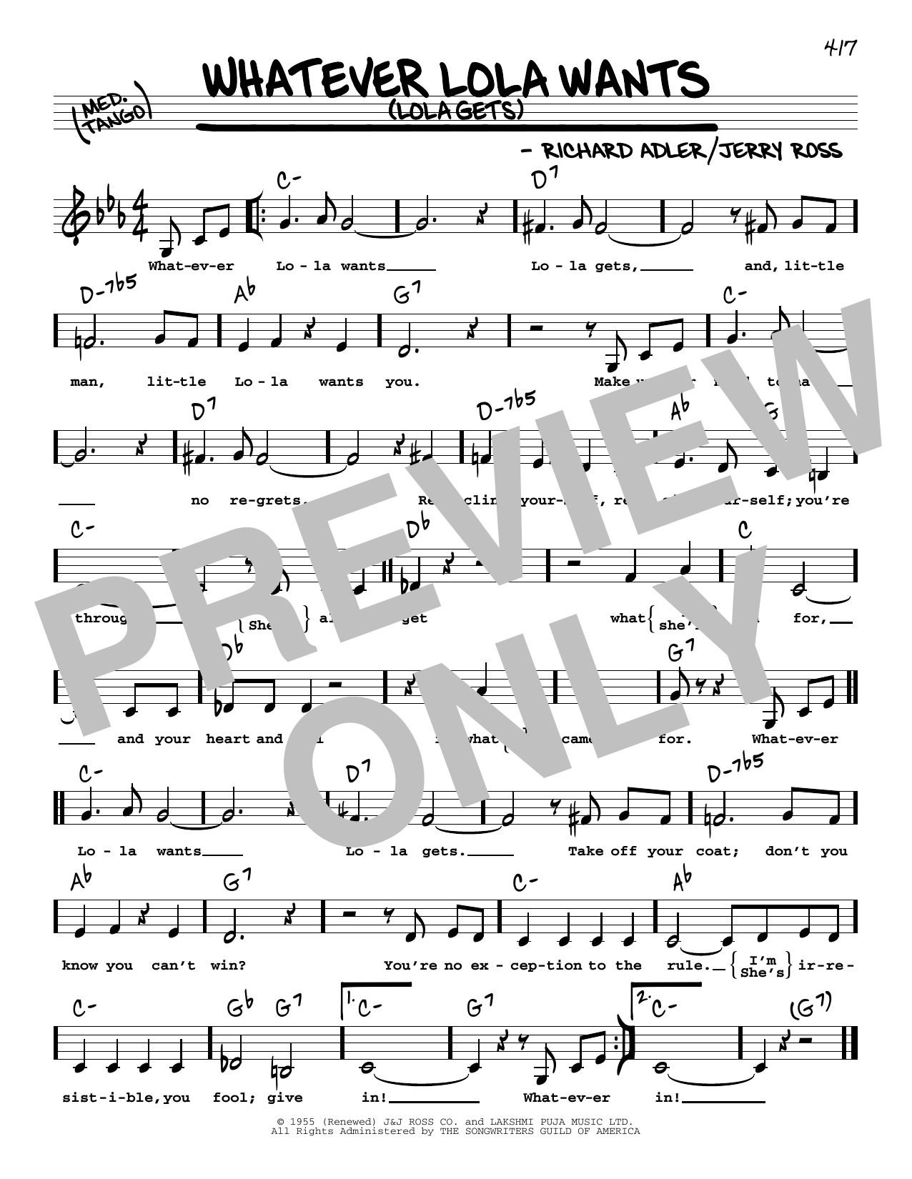 Richard Adler Whatever Lola Wants (Lola Gets) (Low Voice) Sheet Music Notes & Chords for Real Book – Melody, Lyrics & Chords - Download or Print PDF