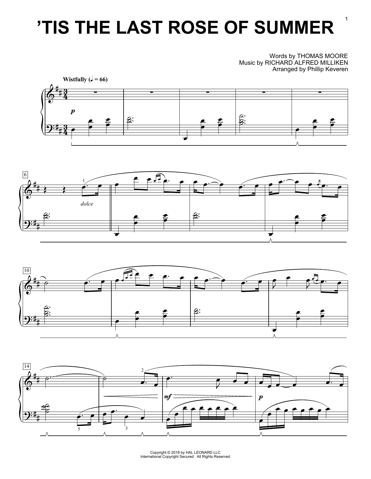 Richard Alfred Milliken 'Tis The Last Rose Of Summer [Classical version] (arr. Phillip Keveren) Sheet Music Notes & Chords for Piano - Download or Print PDF