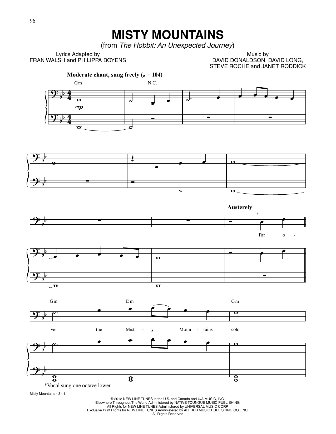Richard Armitage Misty Mountains (from The Hobbit: An Unexpected Journey) Sheet Music Notes & Chords for Piano, Vocal & Guitar Chords (Right-Hand Melody) - Download or Print PDF