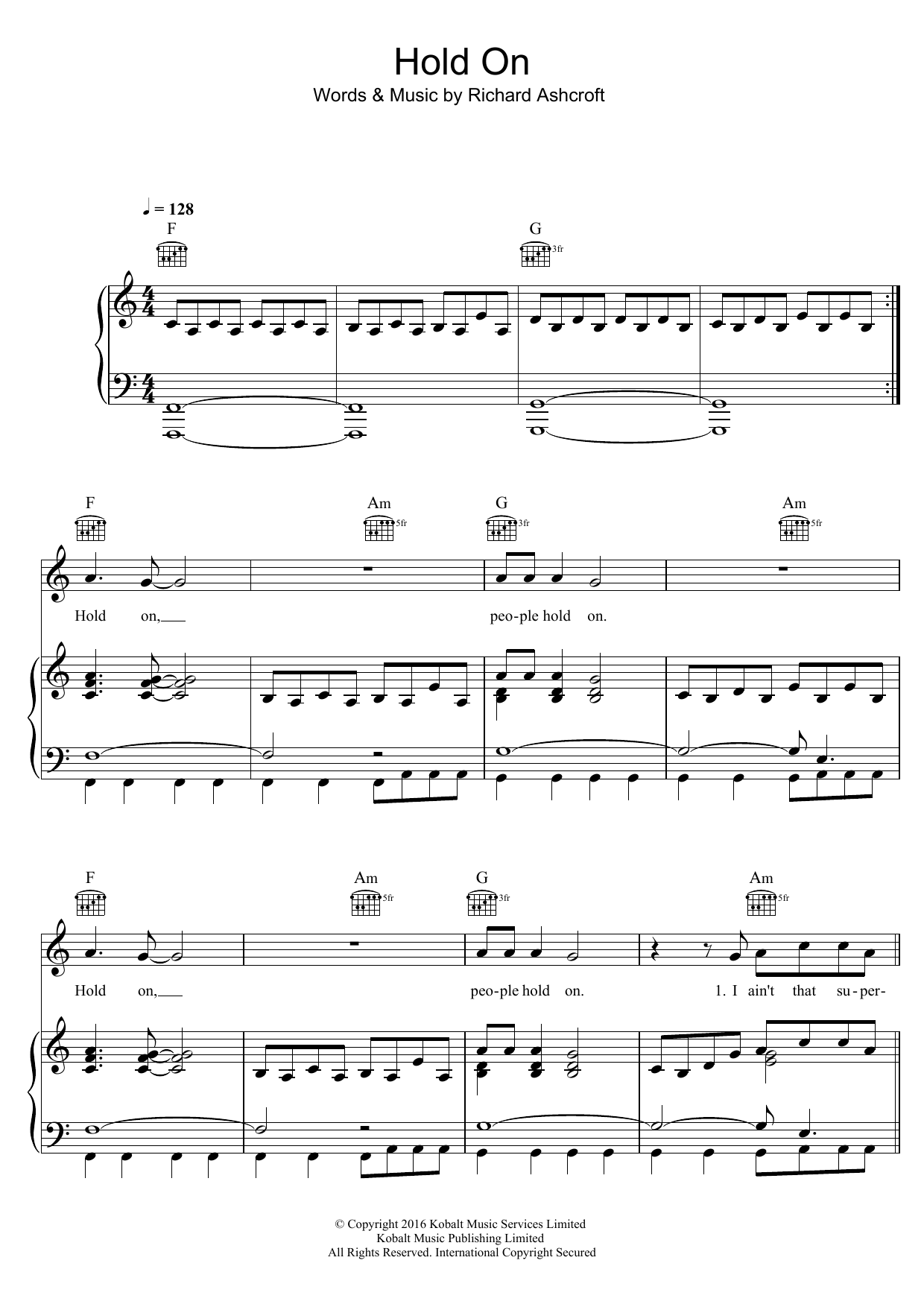 Richard Ashcroft Hold On Sheet Music Notes & Chords for Piano, Vocal & Guitar (Right-Hand Melody) - Download or Print PDF