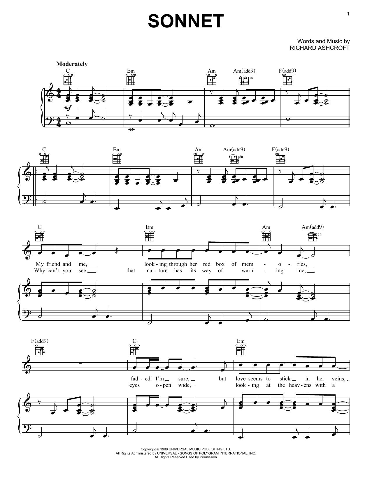 Richard Ashcroft Sonnet (John Lewis 2024) Sheet Music Notes & Chords for Piano, Vocal & Guitar Chords (Right-Hand Melody) - Download or Print PDF