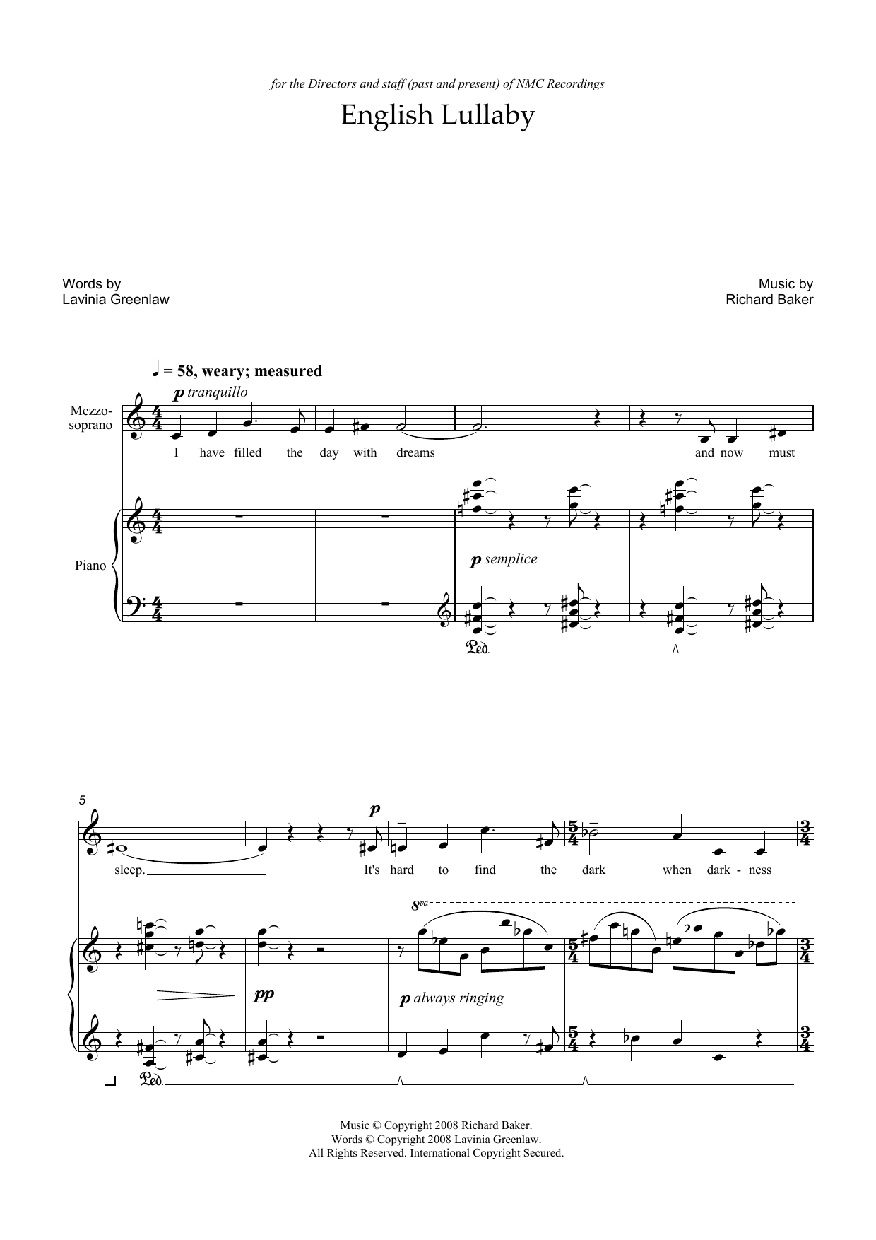 Richard Baker English Lullaby (for mezzo-soprano and piano) Sheet Music Notes & Chords for Piano & Vocal - Download or Print PDF