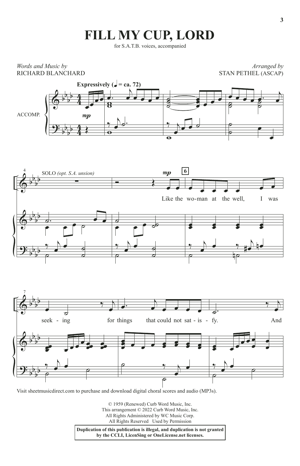 Richard Blanchard Fill My Cup, Lord (arr. Stan Pethel) Sheet Music Notes & Chords for SATB Choir - Download or Print PDF