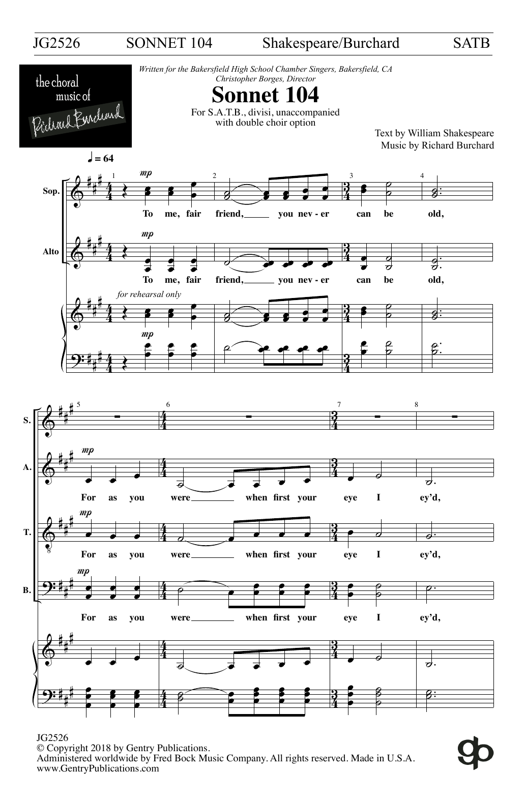 Richard Burchard Sonnet 104 Sheet Music Notes & Chords for SATB Choir - Download or Print PDF