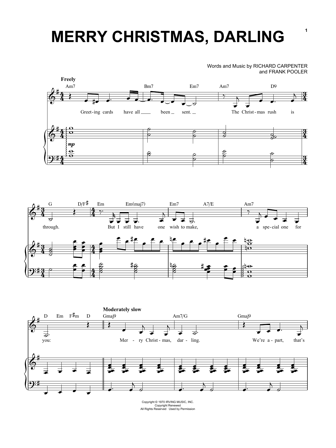 Richard Carpenter Merry Christmas, Darling Sheet Music Notes & Chords for Vocal Pro + Piano/Guitar - Download or Print PDF