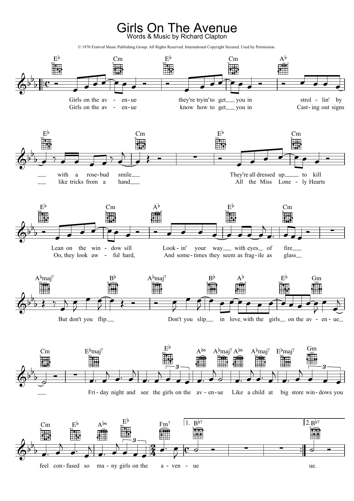 Richard Clapton Girls On The Avenue Sheet Music Notes & Chords for Melody Line, Lyrics & Chords - Download or Print PDF