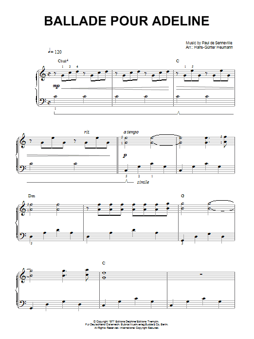 Richard Clayderman Ballade Pour Adeline Sheet Music Notes & Chords for Piano - Download or Print PDF