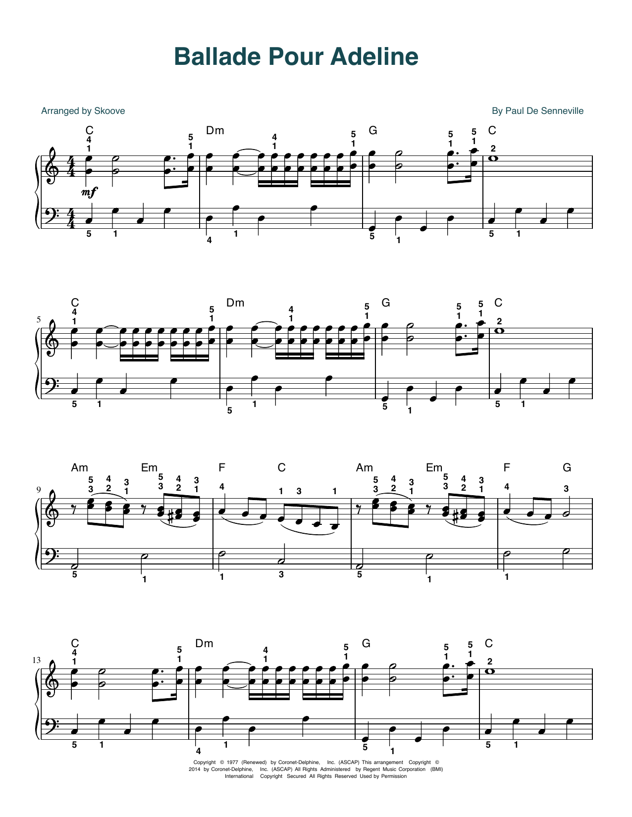 Richard Clayderman Ballade Pour Adeline (arr. Skoove) Sheet Music Notes & Chords for Piano Solo - Download or Print PDF