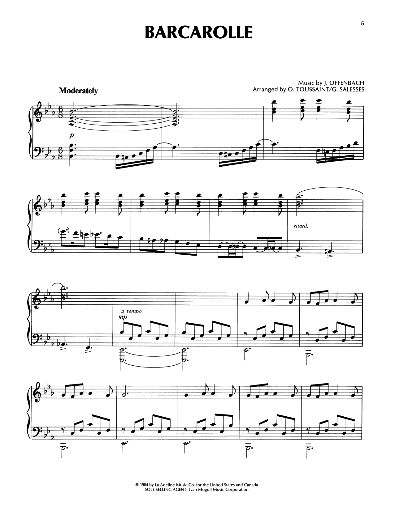 Richard Clayderman Barcarolle Sheet Music Notes & Chords for Piano Solo - Download or Print PDF