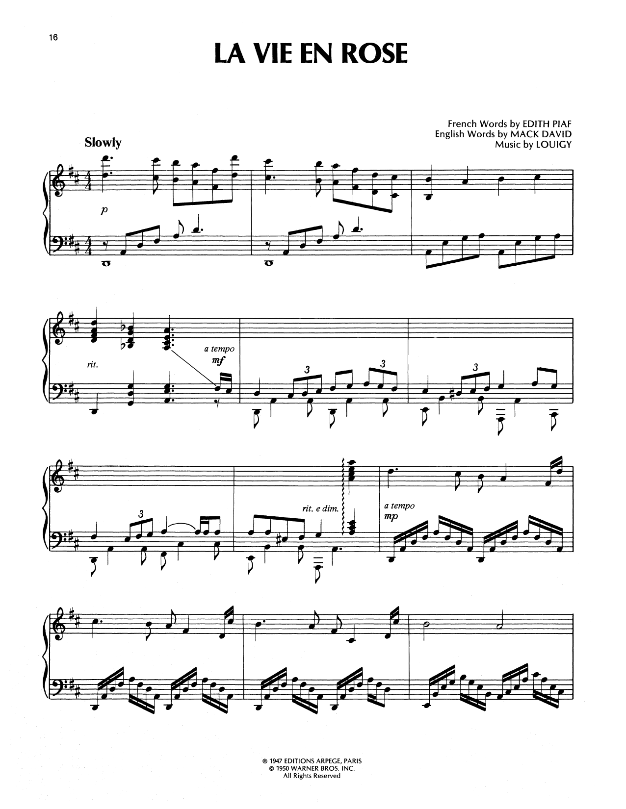 Richard Clayderman La Vie En Rose (Take Me To Your Heart Again) Sheet Music Notes & Chords for Piano Solo - Download or Print PDF