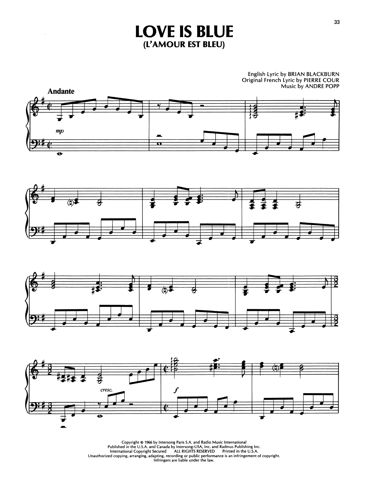Richard Clayderman Love Is Blue (L'amour Est Bleu) Sheet Music Notes & Chords for Piano Solo - Download or Print PDF