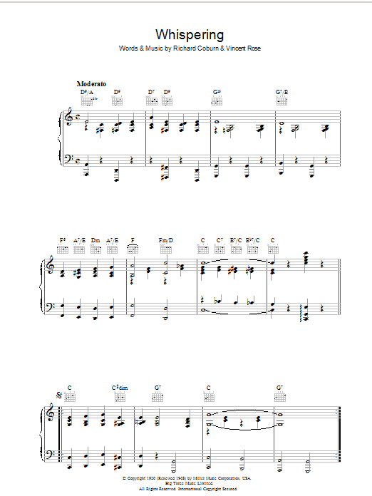 Richard Coburn Whispering Sheet Music Notes & Chords for Piano, Vocal & Guitar (Right-Hand Melody) - Download or Print PDF