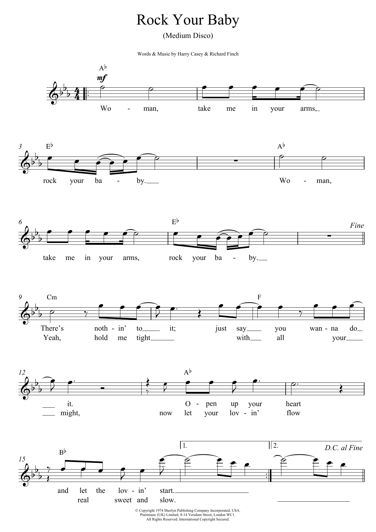 Harry Casey And Richard Finch Rock Your Baby Sheet Music Notes & Chords for Melody Line, Lyrics & Chords - Download or Print PDF