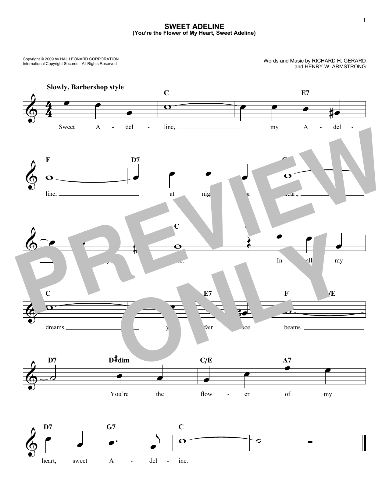 Richard H. Gerard Sweet Adeline (You're The Flower Of My Heart, Sweet Adeline) Sheet Music Notes & Chords for Melody Line, Lyrics & Chords - Download or Print PDF