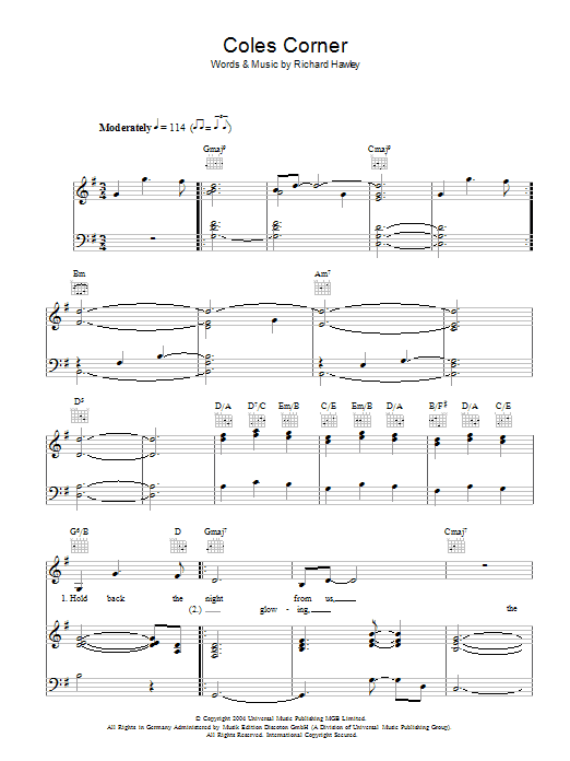 Richard Hawley Coles Corner Sheet Music Notes & Chords for Piano, Vocal & Guitar - Download or Print PDF