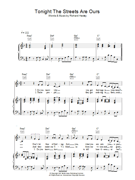Richard Hawley Tonight The Streets Are Ours Sheet Music Notes & Chords for Piano, Vocal & Guitar - Download or Print PDF