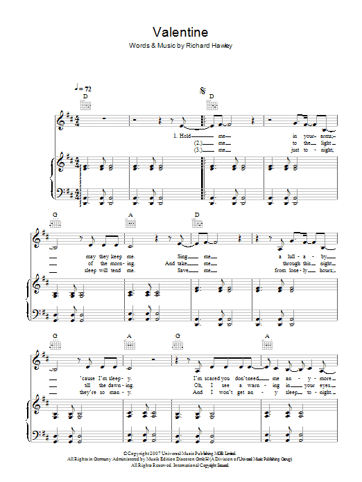 Richard Hawley Valentine Sheet Music Notes & Chords for Piano, Vocal & Guitar - Download or Print PDF