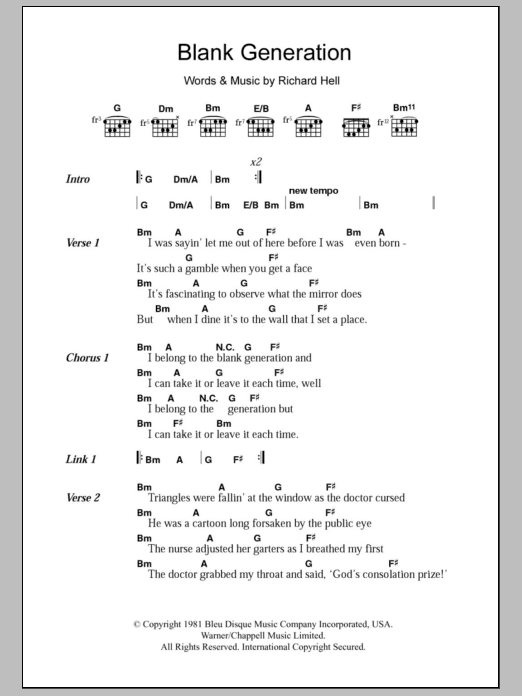 Richard Hell & The Voidnoids Blank Generation Sheet Music Notes & Chords for Lyrics & Chords - Download or Print PDF