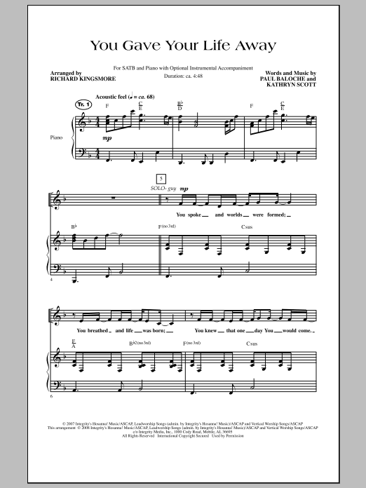 Richard Kingsmore You Gave Your Life Away Sheet Music Notes & Chords for SATB - Download or Print PDF