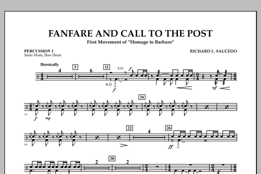 Richard L. Saucedo Fanfare and Call to the Post - Percussion 1 Sheet Music Notes & Chords for Concert Band - Download or Print PDF