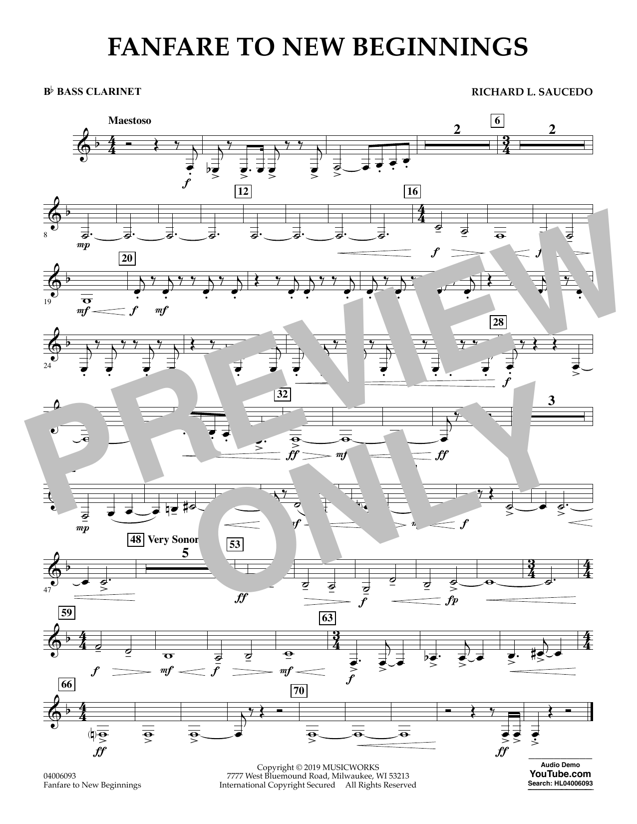 Richard L. Saucedo Fanfare for New Beginnings - Bb Bass Clarinet Sheet Music Notes & Chords for Concert Band - Download or Print PDF